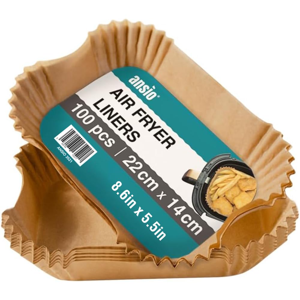 ANSIO Air Fryer Paper Liners – 100 PCS Rectangle Disposable Liners, 22cm x 14cm x 4.5cm Inner Fit, Compatible with Ninja, Salter, Tower and Other Dual Zone Air Fryers – Pack of 100