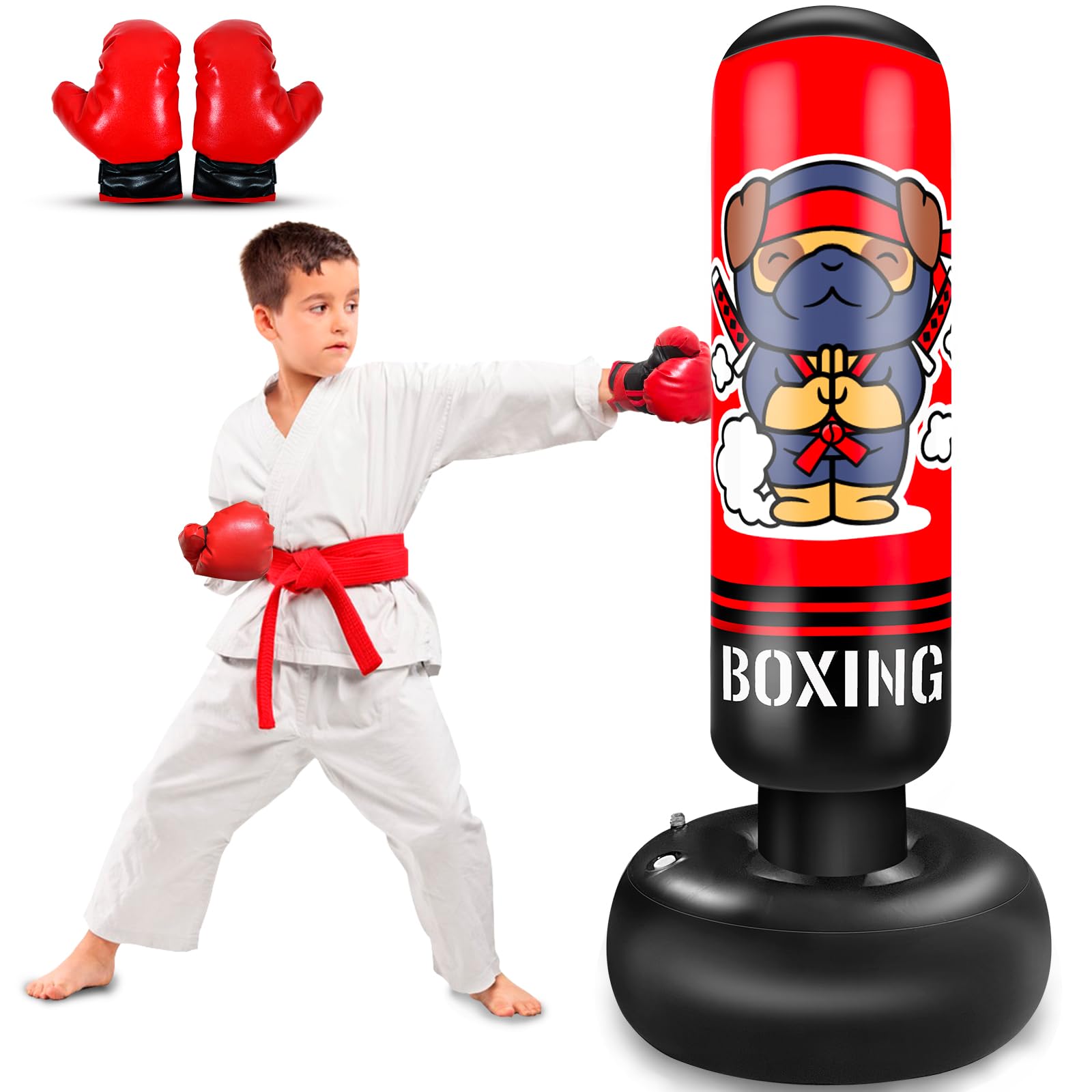 Inflatable Punching Bag for Kids, 165CM kids Punching Bag with Gloves for Boys & Girls, Kicking Bag Boxing Set for Practicing Karate, Taekwondo, MMA (Ninja Dog)