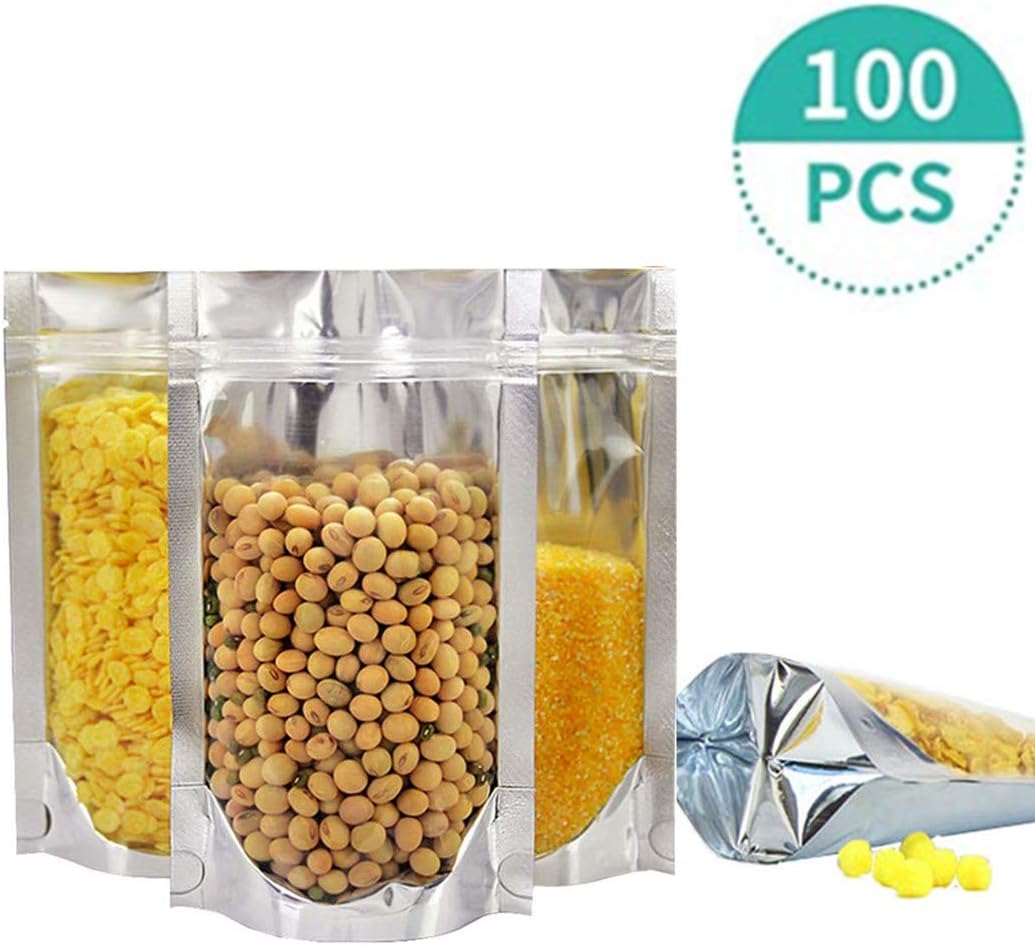 Resealable Mylar Bags Aluminum Eco Material Smell proof Clear Silver Colored Heavy Duty Large Reusable Zipper for jerky tea Cookies assortment Weed Food Safe Storage (56.3+3.2 inch)