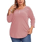 3/4 Sleeve Shirts for Women Plus Size Casual V Neck Blouses Color Block Henley Shirts