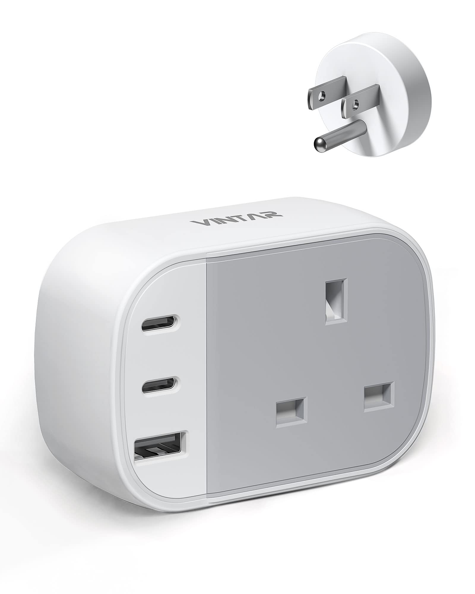 UK to US Plug Adaptor, VINTAR USA Travel Adapter with 2 USB C 1 USB A Ports, UK to USA Plug Adapter, American Plug Adapter UK to US for USA Mexico Canada Thailand and More (Type B),1 Pack