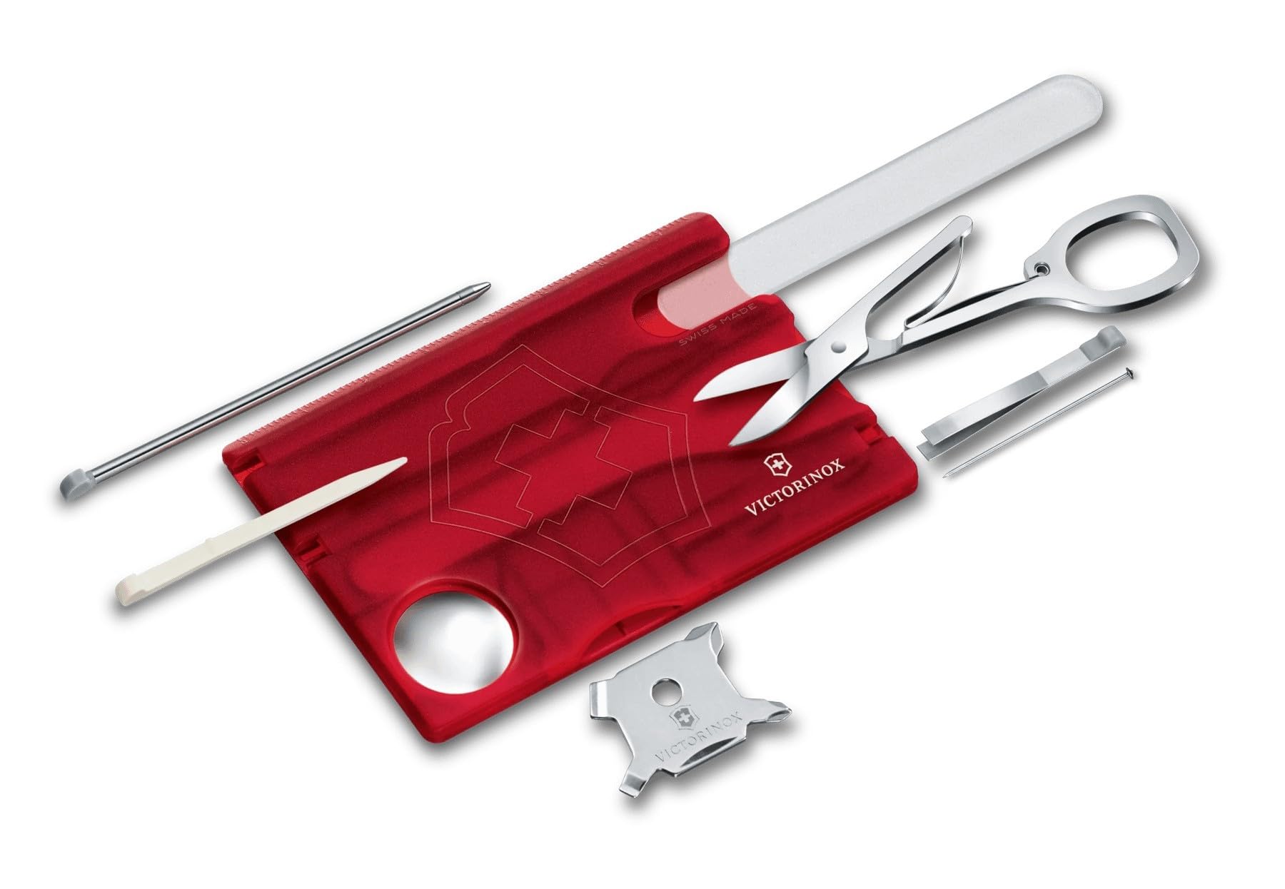 Victorinox Swiss Card Nail Care, Swiss Made Pocket Tool, Credit Card Size, 13 Functions, Nail File, Scissors, Red Transparent