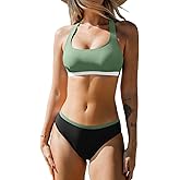 CUPSHE Women's Bikini Set Two Piece Swimsuit Scoop Neck Color Block Bathing Suit Sporty Racerback Self Tie