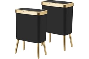 Procade 2Pack Office Trash Can with Lid, 4 Gallon Gold Trash Can Bathroom,Black Garbage Can with Push Button, Narrow Garbage Bin Waste Basket for Bedroom, Kitchen,Toilet(Black+Black)