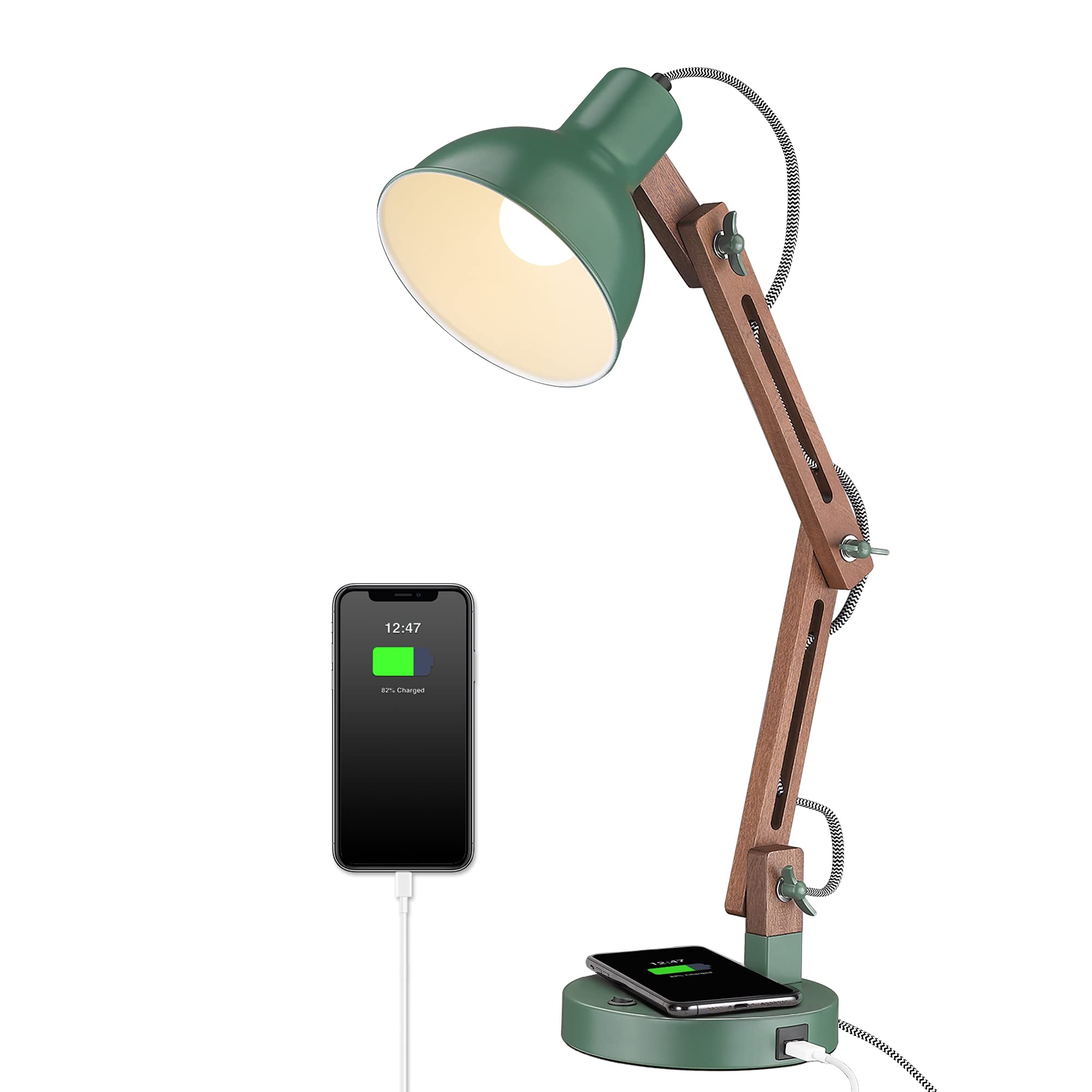 Photo 1 of ELYONA LED Desk Lamp with Wireless Charger, Sapele Wood Reading Light with USB C Charging Port, Swing Arm Table Lamp for Home Office, College Dorm, Bedroom Living Room, Bulb Included, Vintage Green