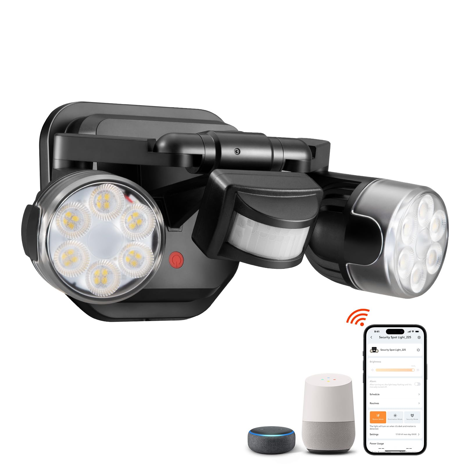 OREiN WiFi Smart Outdoor Lights with Flashing Security Mode, 12W LED Motion Sensor Light with 2 Heads, IP65 Waterproof, Alexa & Google Home Compatible, Hardwired Security Light for Porch, Driveway