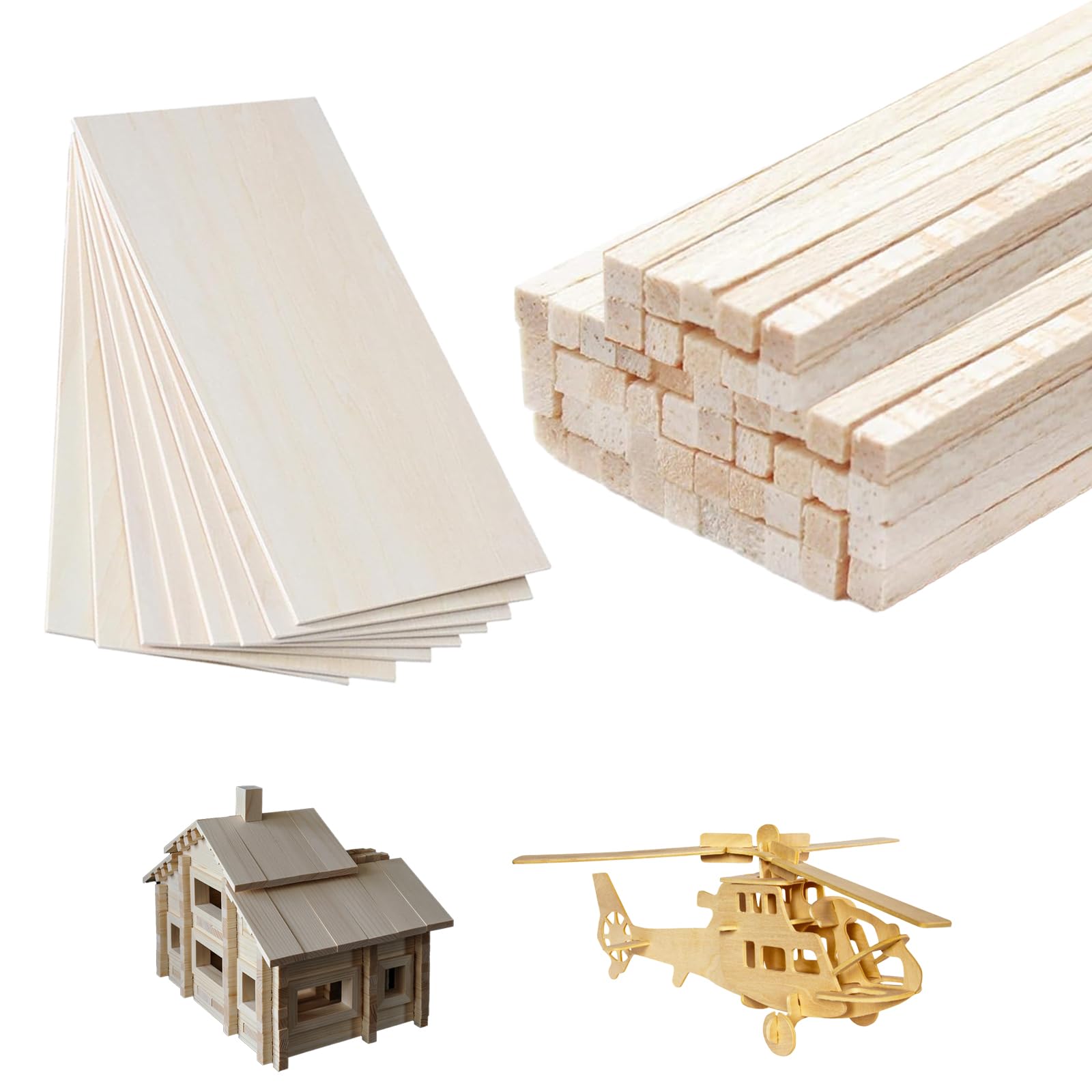 Balsa Wood Bundle, 8 Sheets 20x10cm and 50 Sticks 30cm, Thin Wood Sheets for DIY Crafting and Home Decoration, Wooden Sticks for Model Making and Repair Projects, Balsa Wood Sheets for Painting