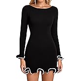URYIAO Women's Long Sleeve Ruffle Knit Mini Dress Boat Neck Bodycon Short Going Out Party Sweater Dresses Fall