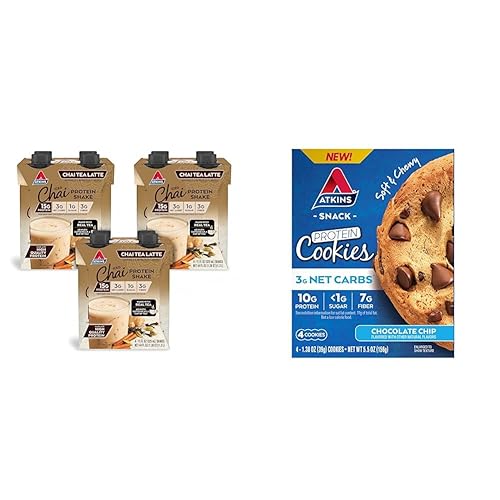 Atkins Chai Tea Latte Protein Shake with 15g Protein, 3g Net Carbs, 1g Sugar and Atkins Chocolate Chip Protein Cookie with 10g Protein, 3g Net Carbs, 1g Sugar, Keto Friendly, 4 Count