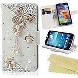 AMASELL Samsung Galaxy Core Prime Bling Crystal Diamond Handmade Folio Wallet Stand PU Leather Case with cash/card holder For Samsung Galaxy Core Prime, Galaxy Win 2, pearl butterfly