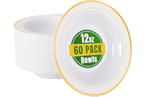 bUCLA 60 Pack Plastic Bowls with Gold Rim - 12 oz Plastic Soup Bowls Disposable for Wedding, Party, Gathering & Thanksgiving
