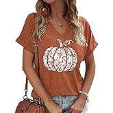 V Neck Halloween Pumpkin Tshirt Women Vintage Pumpkin Graphic Tee Casual Short Sleeve Fall Holiday Tops Shirts