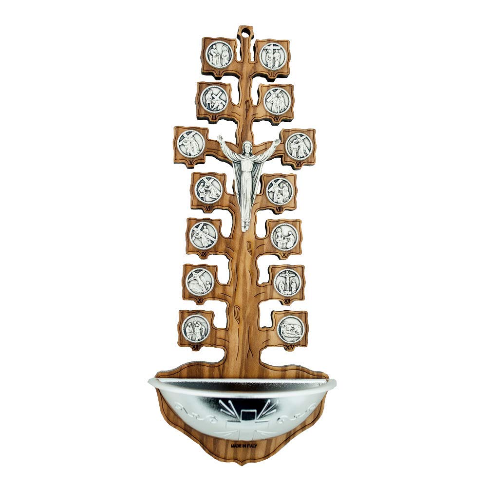 VILLAGE GIFT IMPORTERS Olive Wood Stations of The Cross Holy Water Font (Tree-Style)