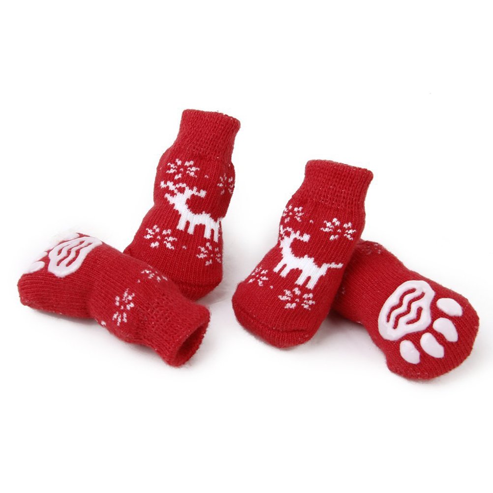 Pet Socks 4Pcs Christmas Reindeer Non-Slip Dog Small Size S Cat Socks Cotton Paws Protection against Cold and Licking
