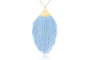 RIAH FASHION Antique Bohemian Silky Thread Fan Tassel Statement Necklace - Vintage Gold Feather Shape Strand Fringe Lightweight Long Chain