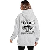 QISSYILY Oversized Graphic Hoodies for Women Vintage Car Letter Printed Hoodie with Pocket Streetwear Fleece Hooded Pullover