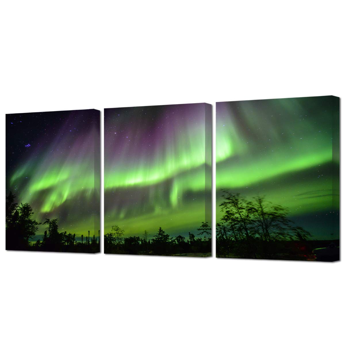 VVOVV Wall Decor Green Northern Lights Wall Art Canvas Prints Aurora Borealis Iceland Picture Painting for Bathroom Bedroom Living Room Decor Framed Ready to Hang 12x16inchx3Panels