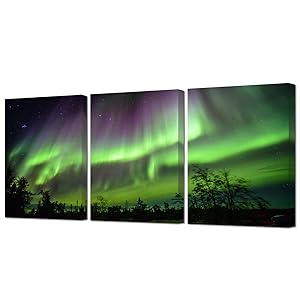 VVOVV Wall Decor Green Northern Lights Wall Art Canvas Prints Aurora Borealis Iceland Picture Painting for Bathroom Bedroom Living Room Decor Framed Ready to Hang 12x16inchx3Panels