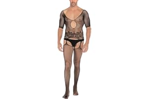 SINROYEE Men's Sheer Lace Lingerie Sissy clothes Sexy Tight Cut Out Elastic Nightgown One-piece Bodysuit