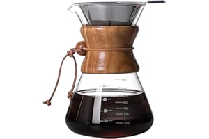 COFISUKI Pour Over Coffee Maker with Reusable Stainless Steel Drip Filter, Lead-Free Borosilicate Glass Coffee Carafe with Modern Wooden Collar for 1-6Cup, Circular Clear (800ml/27oz)