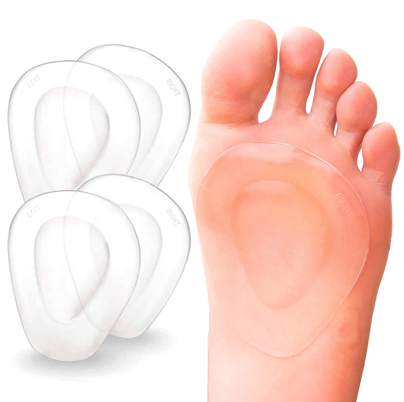 PrettSole Metatarsal Pads, Gel Foot Pads for Ball of Foot, 4 Pack Forefoot Cushions Support Adhere to Shoes for Metatarsalgia, Morton's Neuroma Pain Relief - Clear