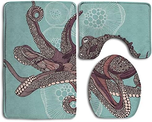 Happy Christmas Bathroom Accessories Bath Rug Sets 3 Piece Bathroom Non-Slip Floor Mats Animal Cuttlefish Inkfish Style Pedestal Rug + Lid Toilet Cover + Bath Mat For Kids Womens