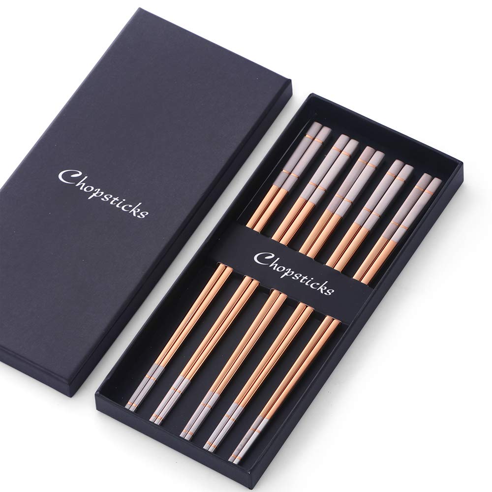 Bisda Reusable Metal Chopsticks Set 5 Pairs Rose Gold Japanese Chopsticks Korean Sushi Chopsticks 23.5 cm Stainless Steel Chinese Chopstick with Gift Box for Christmas Birthday Party Dishwasher Safe