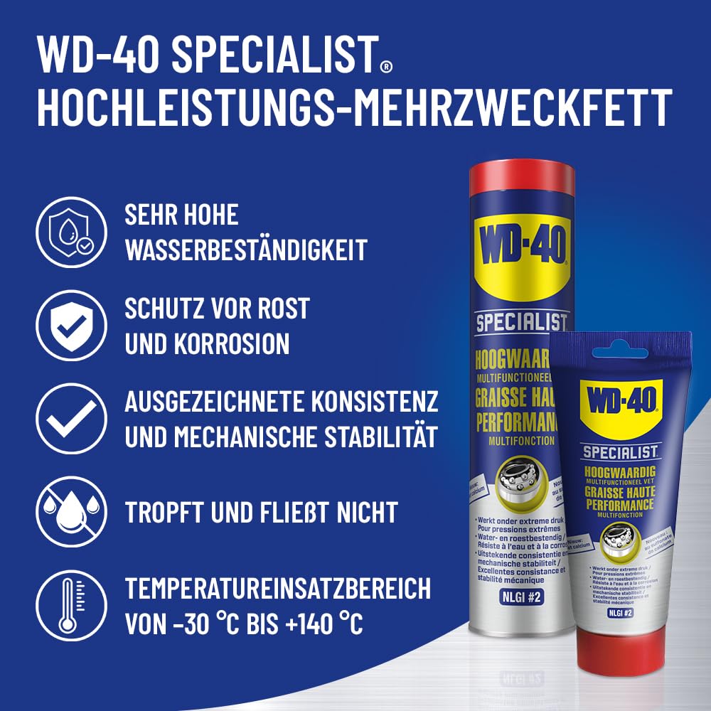 WD-40 Specialist Hochleistungs-Mehrzweckfett 400g Kartusche – Kalziumsulfonat-Fett für Lager, Zahnräder, Wellen & Gelenke, extrem druck- & wasserbeständig, einsetzbar von -30 °C bis +140 °C, braun 2