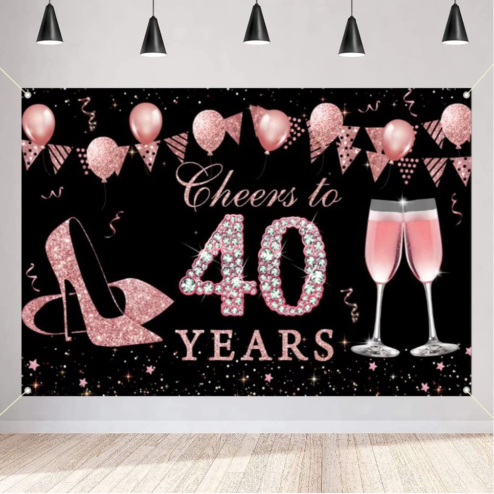 40th Birthday Decorations for Women, Happy 40 Years Old Backdrop Banner Fabric Sign Poster, Rosegold 40th Birthday Party Supplies Photo Background Welcome Sign, 150 cm x 90 cm