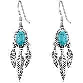 BETHZA Genuine Turquoise Feather Earrings 925 Sterling Silver Feather Dangle Drop Earrings Boho Vintage Leaf Hook Earrings Western Jewelry Gifts for Women