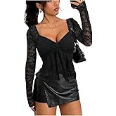 Milumia Women's Sexy Floral Lace Long Sleeve T Shirt Sweetheart Neck Flared Hem Peplum Going Out Crop Tops