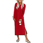 ANRABESS Long Sleeve Midi Dresses for Women Fall Fashion Casual Vacation Crewneck Loose Split Striped Long Tshirts Dress