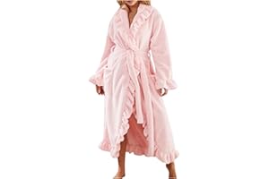 Fuzzy Robe for Women Cute Ruffle Plush Soft Long Sleeve Robes Fluffy Warm Fleece Long Bathrobe with Pockets