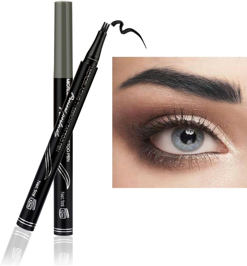 Fork Tip Eyebrow Pen, KISSION 3 Head Eyebrow Tattoo Pencil Waterproof Eyebrow Enhancer Liquid Tint Microblading Pen Pencil (GREY-BLACK)