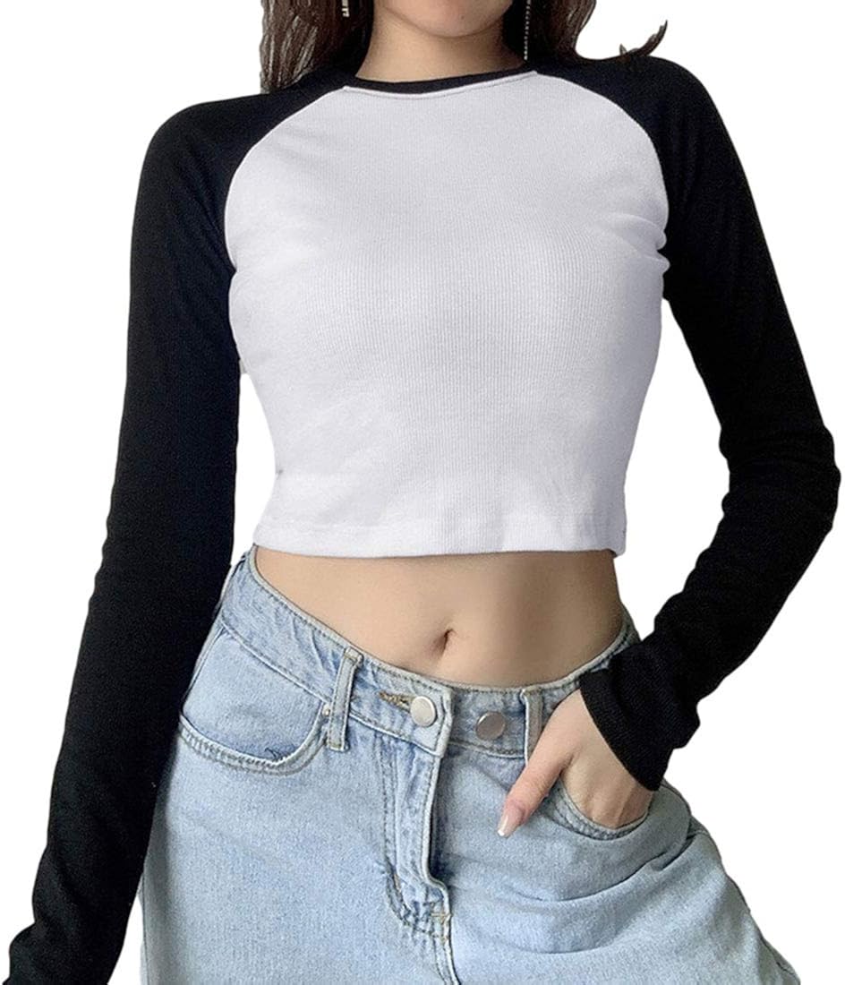 AMEBELLE Women's Sexy Long Sleeve Cropped Tops Slim Fit Color Block
