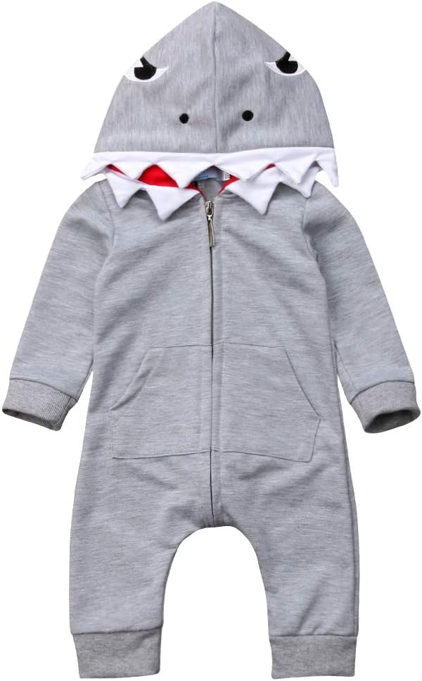Newborn Infant Kids Boys Girls Cute Cartoon Shark Long Sleeve Zipper Hooded Romper Jumpsuit Top Outfits Clothes