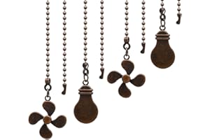 ZE-268S6- Ceiling Fan Pull Chain Set, 4 Pieces Bulb and Fan Pattern Pull Chain Extension Fan Pull Chain Pendant 12 Inch Ceiling Fan Chain Extender with Ball Fan Chains Connector (Red Bronze)