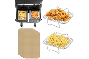 SUN3DRUCKER 2pcs 8Qt Air Fryer Rack Set with 100pcs Parchment Paper Compatible with Ninja Foodi Air Fryer DZ201, DZ401, 304 Stainless Steel Toast Dehydrator Racks Paper Liners for Double Basket
