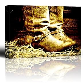 Boots on Straw in barn - Country and Western Art - Canvas Art Home Art - 12x18 inches