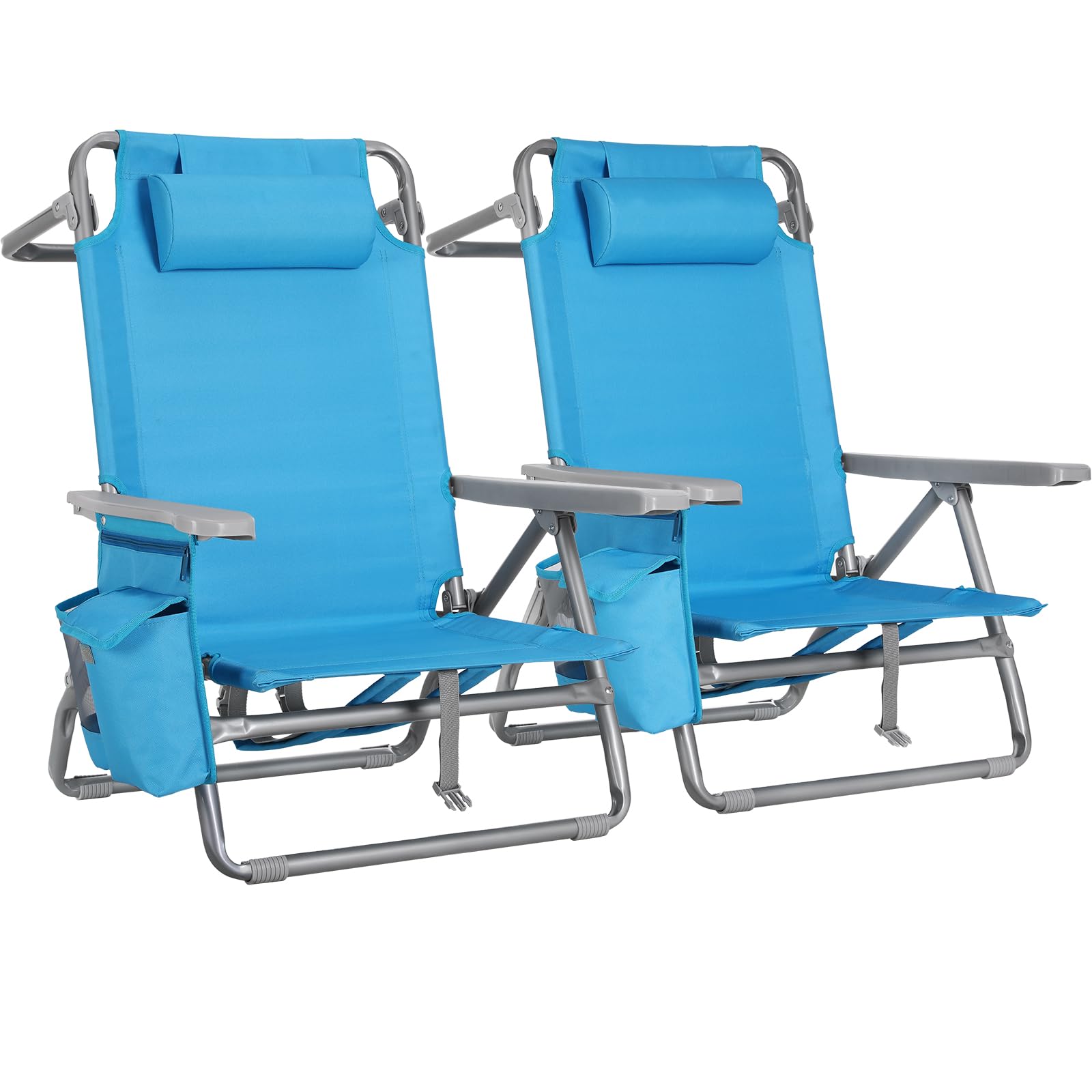 LIFERUN Strandstuhl Klappbar Leicht 2er Set, Rucksack Klappstuhl Strand, Campingstuhl Kann Flach Liegen,bis 150 kg belastbar, Outdoor Faltstuhl mit Verstellbarer Hohe Rückenlehne, Eisbeutel,Blau