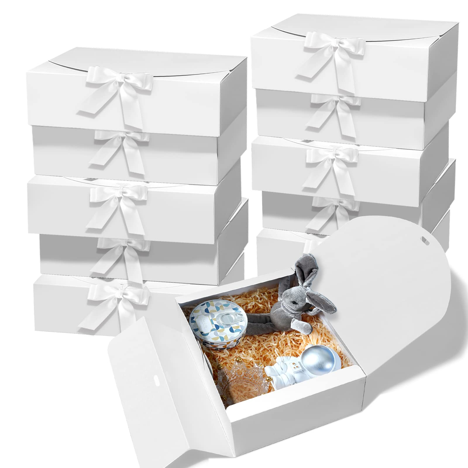 Photo 1 of BoShahai 10 PCS Gift Boxes with Lids, 10.6x7.8x3.1 Inch Kraft Paper Gift Box, White with Ribbon, Bridesmaid Proposal Box for Wedding, Packaging, Present, Birthday, Cupcake