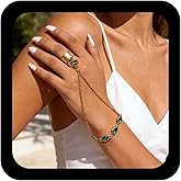 Andelaisi Boho Faux Emerald Finger Ring Bracelet Vintage CZ Snake Finger Link Chain Bracelet Gold Serpent Slave Chain Hand Adjustable Crystal Slave Link Jewelry for Women