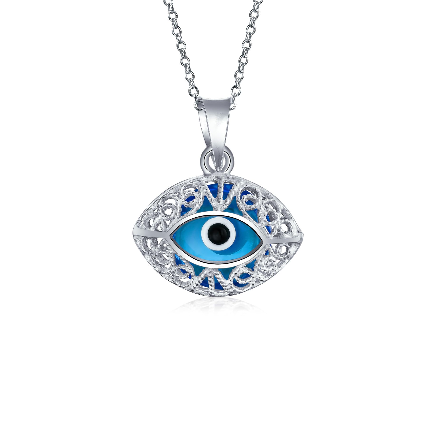 Bling Jewelry Turkish Protection Vintage Style Blue Filigree Oval Evil Eye Charm Pendant Necklace For Women Teen Murano Glass .925 Sterling Silver Made In Turkey