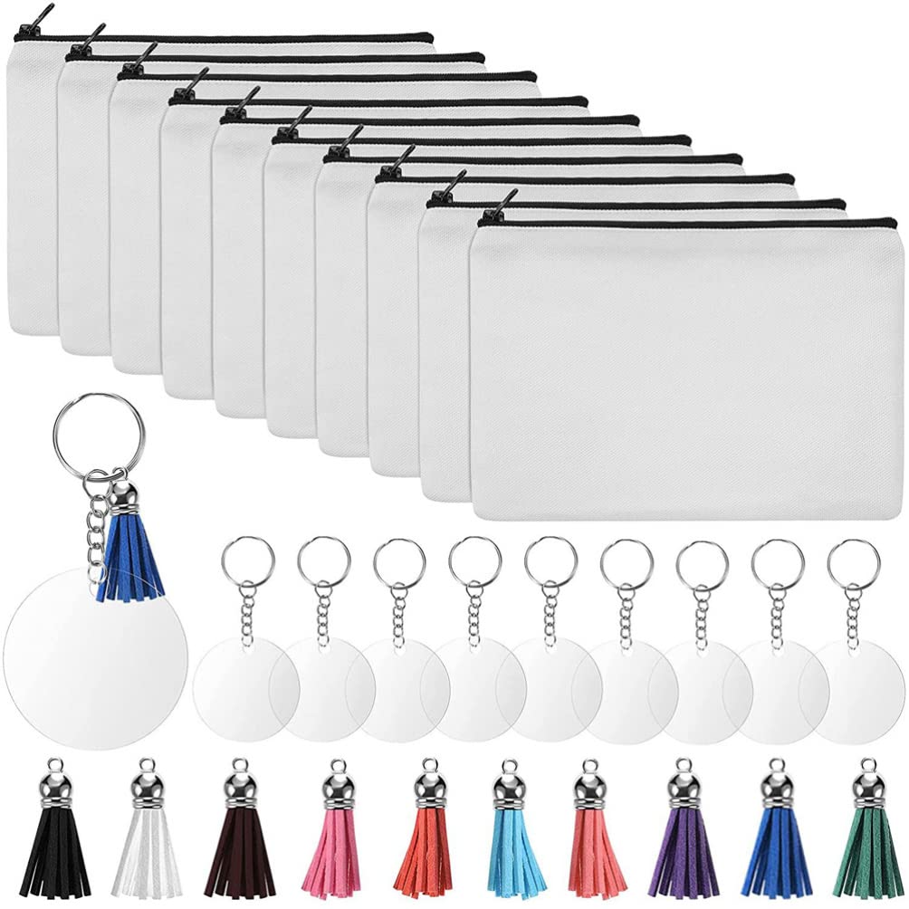 1 Set Blank DIY Craft Bag Sublimation Cosmetic Bags Canvas Pencil Case Acrylic Round Tags Heat Transfer Makeup Bags with Keychains Tassels for DIY Crafts