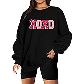MYHALF Valentines Day Sweatshirts Valentine Shirts: Womens Love Heart Long Sleeve Tops Oversized Patch Crewneck Pullover
