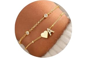 Turandoss Christmas Gifts for Grandkids Teen Girls - Initial Bracelets Heart Letter A-Z Charm Bracelet Stack 14k-Gold-Plated Mom Daughter Jewelry, Birthday Gifts for Women Teen Girls
