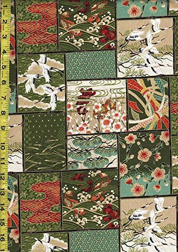 Japanese, Asian, Quilting, Sewing Fabric - Japanese Motif Patchwork - Cranes, Cherry Blossoms, Koi - Greens