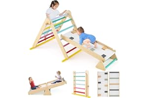 Olakids Pikler Triangle Set 7 in 1 Climbing Toys for Toddlers Foldable Baby Wood Montessori Jungle Gym with Angle Adjustable 