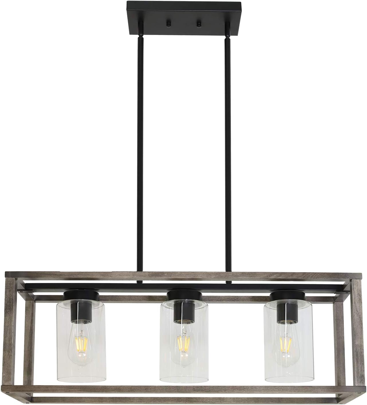 VINLUZ Farmhouse Pendant Lighting Wood Accents Frame Kitchen Island 3-Light with Clear Glass Shade Rustic Linear Chandeliers, Gray Pure Wooden Dining Room Light Fixtures Hanging for Entryway Foyer