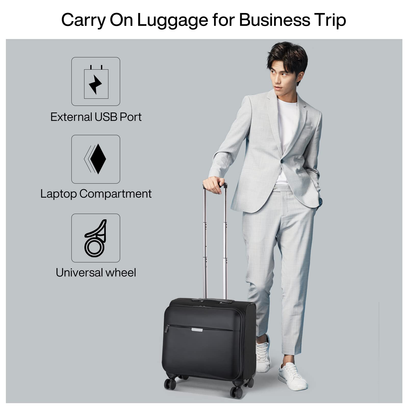 Hanke 16 Inch Softside Airline Approved Carry On Luggage Suitcases with Wheels,Travel Luggage Lightweight Square Suitcase with Lock Rolling Luggage Bag with USB Port for Business Trip Men Women.